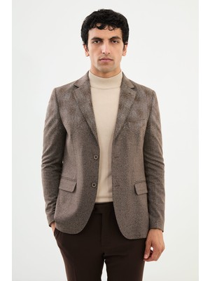 Desenli Kahverengi Slim Fit Mono Yaka Yün Erkek Ceket