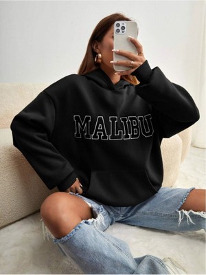 Altamira Unisex Siyah Malibu Baskılı Kapşonlu Oversize Sweatshirt