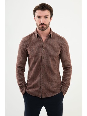 Çizgili Kamel Slim Fit Yün Erkek Gömlek
