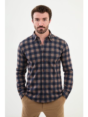 Kareli Kamel Rengi Slim Fit Yün Erkek Gömlek