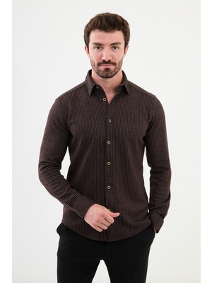 Çizgili Kiremit Rengi Slim Fit Yün Erkek Gömlek