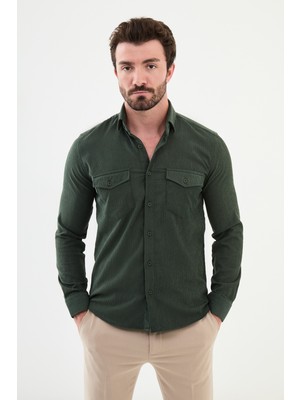 Çizgili Haki Slim Fit Kadife Erkek Gömlek