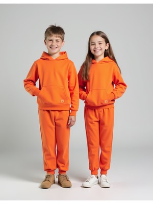 Minojoy Uthar Turuncu Pamuklu Kapşonlu Çocuk Sweatshirt Eşofman Altı Takım
