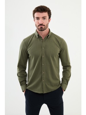 Desenli Haki Slim Fit Erkek Gömlek