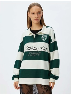 Polo Yaka Sweatshirt Oversize Kolej Baskılı - Koton - 5WAL10214IK - Yeşil Çizgili - Xl