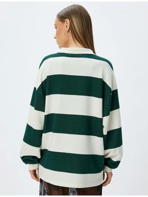 Polo Yaka Sweatshirt Oversize Kolej Baskılı - Koton - 5WAL10214IK - Yeşil Çizgili - Xl