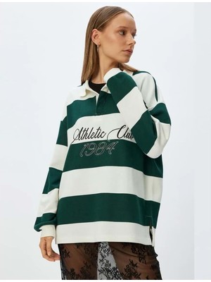 Polo Yaka Sweatshirt Oversize Kolej Baskılı - Koton - 5WAL10214IK - Yeşil Çizgili - Xl