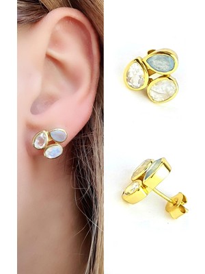 Ose Shop Zirkon  Labrodorite ve Kalsedon Taşlı 925AYAR Gümüş Üzerine Altın Kaplama Tasarım Doğal Taş Küpe