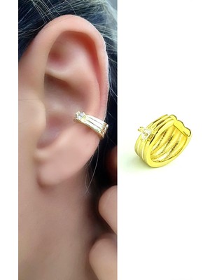 Ose Shop  Zirkon Taş Detaylı 925AYAR Gümüş Üzerine Altın Kaplama Luxury Tasarım Trend Sıkıştırmalı Kıkırdak Earcuff Küpe