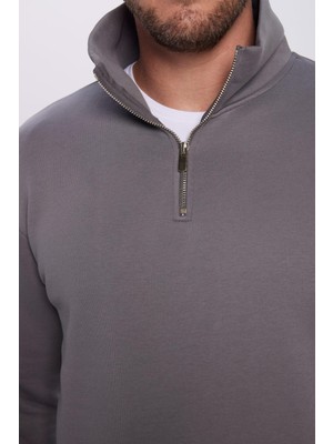 Tudors  Relax Fit Rahat Kesim Pamuklu İçi Polarlı Yarım Fermuarlı Gri Dik Yaka Sweatshirt