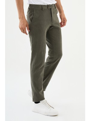 Çizgili Haki Super Slim Fit Kadife Erkek Pantolon