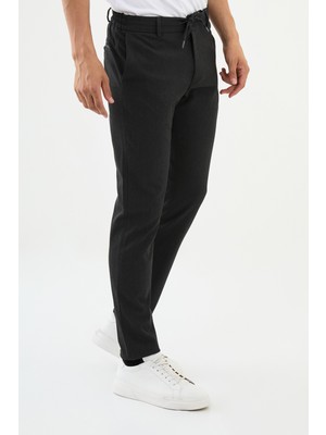 Düz Antrasit Super Slim Fit Beli Lastikli İpli Erkek Pantolon
