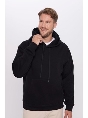 Unisex Oversize Geniş Kesim Pamuklu Yumuşak Dokulu İçi Polarlı Basic Siyah Kapüşonlu Sweatshirt