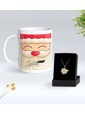 Bk Gift Kişiye Özel Isimli Yılbaşı Tasarımlı Beyaz Kupa Bardak ve Papatya Kolye Hediye Seti- 6, Sevgiliye Hediye, Yeni Yıl Hediyeleri