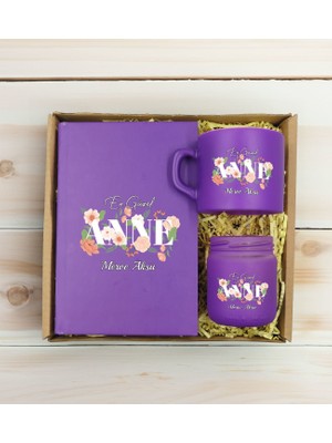 Bk Gift Kişiye Özel Isimli Dtf Anne Temalı Mor Defter & Kahve Fincanı & Mum Hediye Seti-4, Anneye Hediye, Anneler Günü Hediyesi