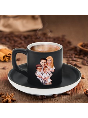 Bk Gift Kişiye Özel Aile Karikatürlü Siyah Renk Türk Kahvesi Fincanı-1, Arkadaşa Hediye, Aileye Hediye, Yıl Dönümü Hediyesi