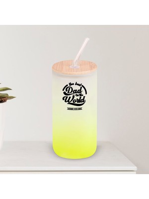 Bk Gift Isimli Dad Tasarımlı Sarı Renk Pipetli Buzlu Cam Bardak 600ML - 6, Babaya Hediye, Doğum Günü Hediyesi