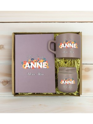 Bk Gift Kişiye Özel Isimli Dtf Anne Temalı Mat Gri Defter & Kahve Fincanı & Mum Hediye Seti-2, Anneye Hediye, Anneler Günü Hediyesi