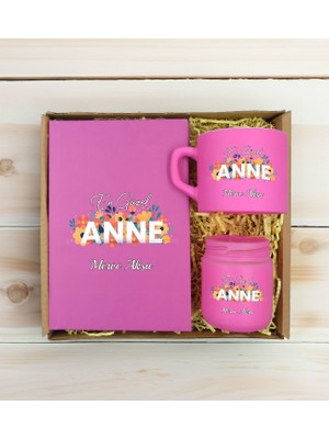 Bk Gift Kişiye Özel Isimli Dtf Anne Temalı Pembe Defter & Kahve Fincanı & Mum Hediye Seti-2, Anneye Hediye, Anneler Günü Hediyesi