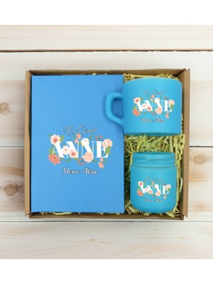 Bk Gift Kişiye Özel Isimli Dtf Anne Temalı Turkuaz Defter & Kahve Fincanı & Mum Hediye Seti-4, Anneye Hediye, Anneler Günü Hediyesi