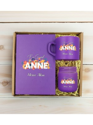 Bk Gift Kişiye Özel Isimli Dtf Anne Temalı Mor Defter & Kahve Fincanı & Mum Hediye Seti-2, Anneye Hediye, Anneler Günü Hediyesi