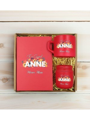 Bk Gift Kişiye Özel Isimli Dtf Anne Temalı Kırmızı Defter & Kahve Fincanı & Mum Hediye Seti-2, Anneye Hediye, Anneler Günü Hediyesi