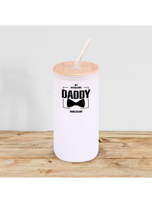 Bk Gift Isimli Dad Tasarımlı Beyaz Renk Pipetli Buzlu Cam Bardak 600ML - 2, Babaya Hediye, Doğum Günü Hediyesi