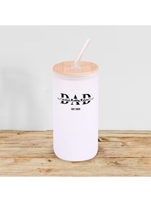 Bk Gift Isimli Dad Tasarımlı Beyaz Renk Pipetli Buzlu Cam Bardak 600ML - 1, Babaya Hediye, Doğum Günü Hediyesi