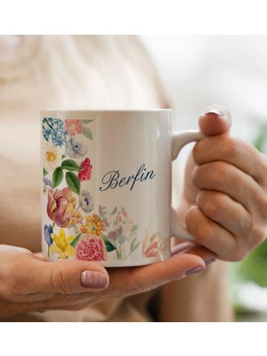 Bk Gift Kişiye Özel Isimli Çiçek Tasarımlı Beyaz Kupa Bardak- 8, Arkadaşa Hediye, Sevgiliye Hediye, Doğum Günü Hediyesi