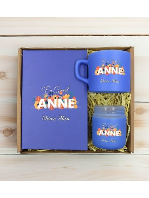 Bk Gift Kişiye Özel Isimli Dtf Anne Temalı Mavi Defter & Kahve Fincanı & Mum Hediye Seti-2, Anneye Hediye, Anneler Günü Hediyesi
