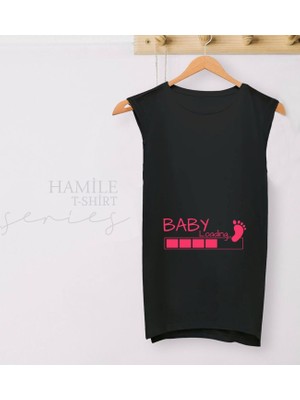 Bk Gift Baby Loading Tasarımlı Siyah Sıfır Kol Hamile Tişört-1, Hamile Giyim, Eşe Hediye