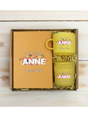 Bk Gift Kişiye Özel Isimli Dtf Anne Temalı Sarı Defter & Kahve Fincanı & Mum Hediye Seti-2, Anneye Hediye, Anneler Günü Hediyesi