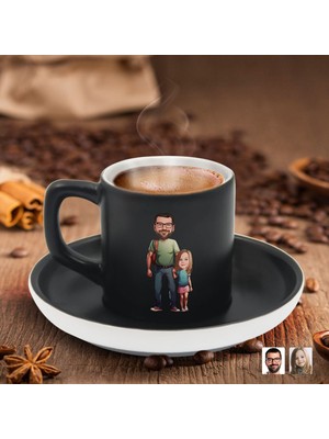 Bk Gift Kişiye Özel Baba Kız Karikatürlü Siyah Renk Türk Kahvesi Fincanı-1, Arkadaşa Hediye, Aileye Hediye, Yıl Dönümü Hediyesi