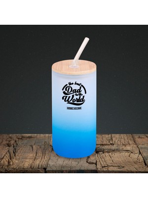 Bk Gift Isimli Dad Tasarımlı Mavi Renk Pipetli Buzlu Cam Bardak 600ML - 6, Babaya Hediye, Doğum Günü Hediyesi