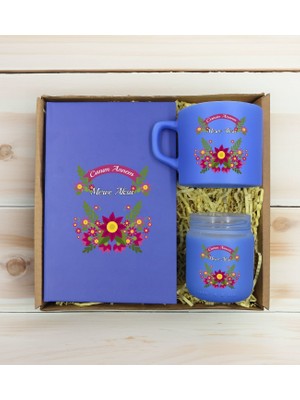 Bk Gift Kişiye Özel Isimli Dtf Anne Temalı Mavi Defter & Kahve Fincanı & Mum Hediye Seti-6, Anneye Hediye, Anneler Günü Hediyesi