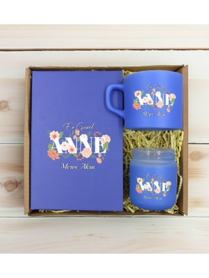 Bk Gift Kişiye Özel Isimli Dtf Anne Temalı Mavi Defter & Kahve Fincanı & Mum Hediye Seti-4, Anneye Hediye, Anneler Günü Hediyesi