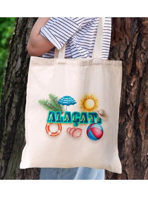 Bk Gift Alaçatı Temalı Kanvas Bez Plaj Çantası Baskılı Omuz Çantası, Alışveriş Çantası, Arkadaşa Hediye
