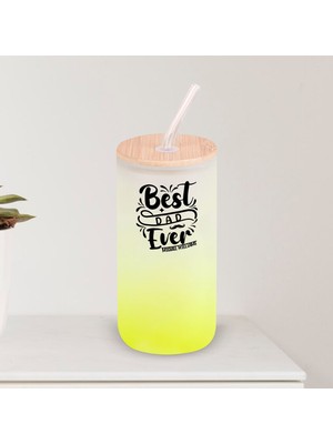 Bk Gift Isimli Dad Tasarımlı Sarı Renk Pipetli Buzlu Cam Bardak 600ML - 5, Babaya Hediye, Doğum Günü Hediyesi