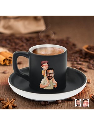 Bk Gift Kişiye Özel Baba Oğul Karikatürlü Siyah Renk Türk Kahvesi Fincanı-1, Arkadaşa Hediye, Aileye Hediye, Yıl Dönümü Hediyesi