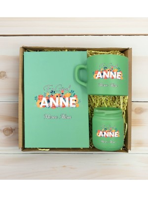 Bk Gift Kişiye Özel Isimli Dtf Anne Temalı Yeşil Defter & Kahve Fincanı & Mum Hediye Seti-2, Anneye Hediye, Anneler Günü Hediyesi