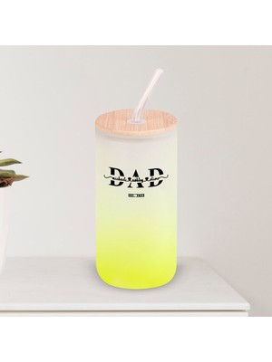 Bk Gift Isimli Dad Tasarımlı Sarı Renk Pipetli Buzlu Cam Bardak 600ML - 1, Babaya Hediye, Doğum Günü Hediyesi
