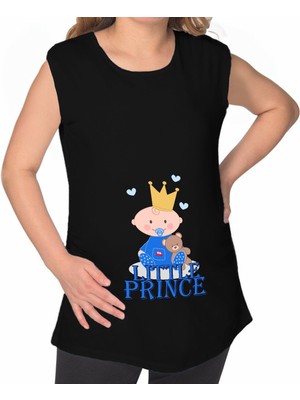 Bk Gift Little Prince Tasarımlı Siyah Sıfır Kol Hamile Tişört-1, Hamile Giyim, Eşe Hediye