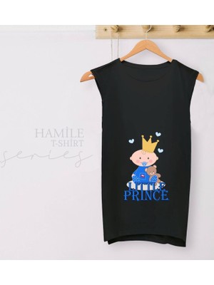 Bk Gift Little Prince Tasarımlı Siyah Sıfır Kol Hamile Tişört-1, Hamile Giyim, Eşe Hediye