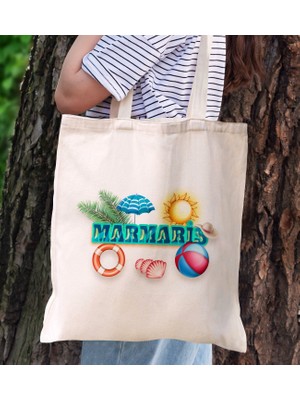 Bk Gift Marmaris Temalı Kanvas Bez Plaj Çantası Baskılı Omuz Çantası, Alışveriş Çantası, Arkadaşa Hediye