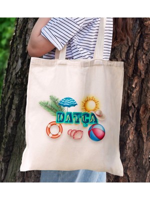 Bk Gift Datça Temalı Kanvas Bez Plaj Çantası Baskılı Omuz Çantası, Alışveriş Çantası, Arkadaşa Hediye