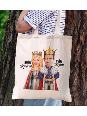 Bk Gift Kişiye Özel Kral Kraliçe Karikatürlü Kanvas Bez Plaj Çantası Baskılı Omuz Çantası-1, Alışveriş Çantası, Arkadaşa Hediye