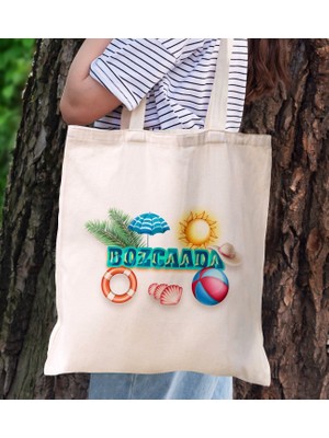 Bk Gift Bozcaada Temalı Kanvas Bez Plaj Çantası Baskılı Omuz Çantası, Alışveriş Çantası, Arkadaşa Hediye