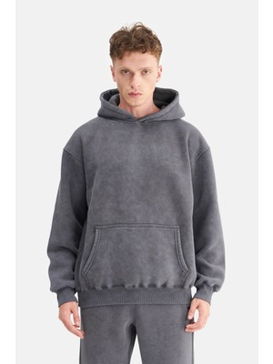 Mesfeno Erkek Oversize Şardonlu 3 Iplik Kapüşonlu, Efektli Yıkamalı, Nakışlı Sweatshirt