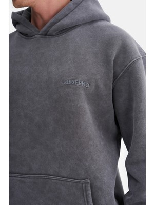 Mesfeno Erkek Oversize Şardonlu 3 Iplik Kapüşonlu, Efektli Yıkamalı, Nakışlı Sweatshirt