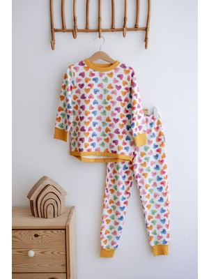 0.5 Tog - %100 Organik Pamuk Çocuk Pijama Takımı - Renkli Kalp Desenli